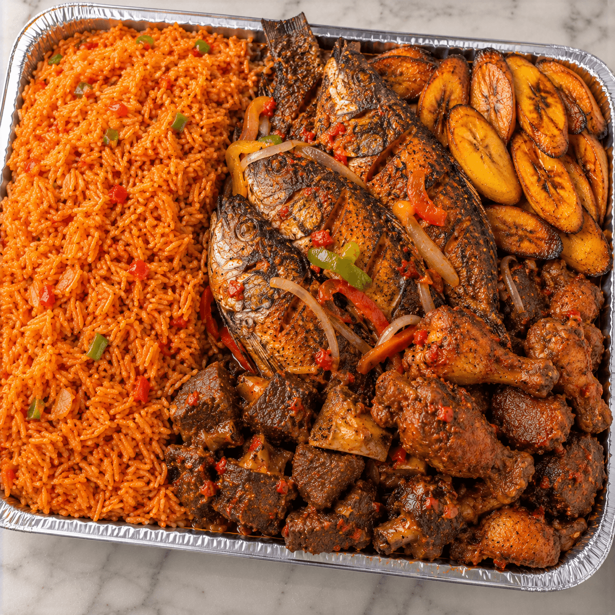 Combo tray (Rice + Fish + Meat + Plantain) illustration