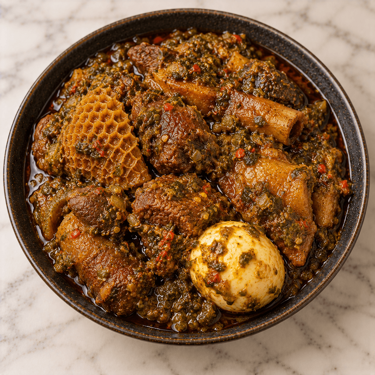 Ofada stew with eggs and beef illustration