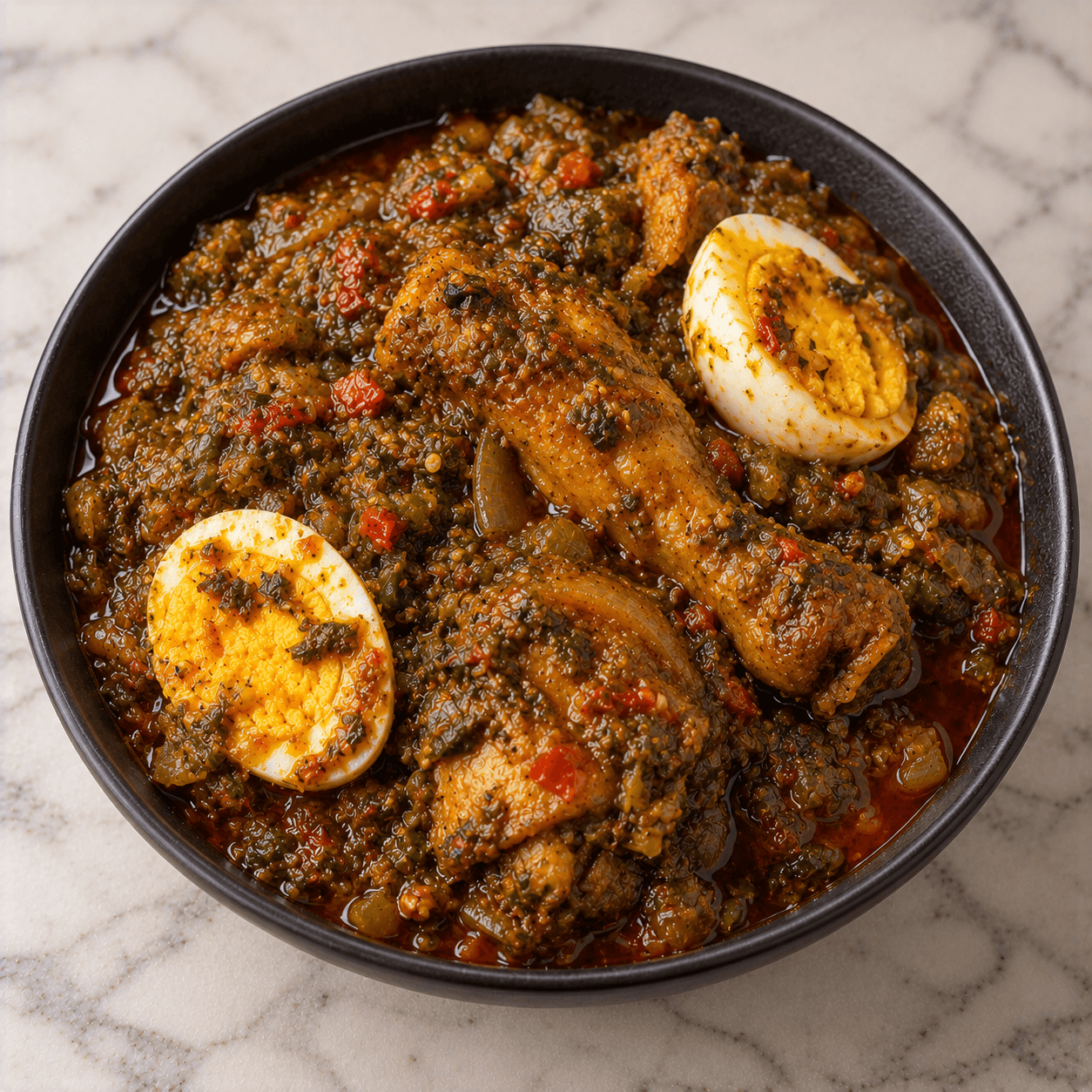Ofada stew with eggs and chicken illustration