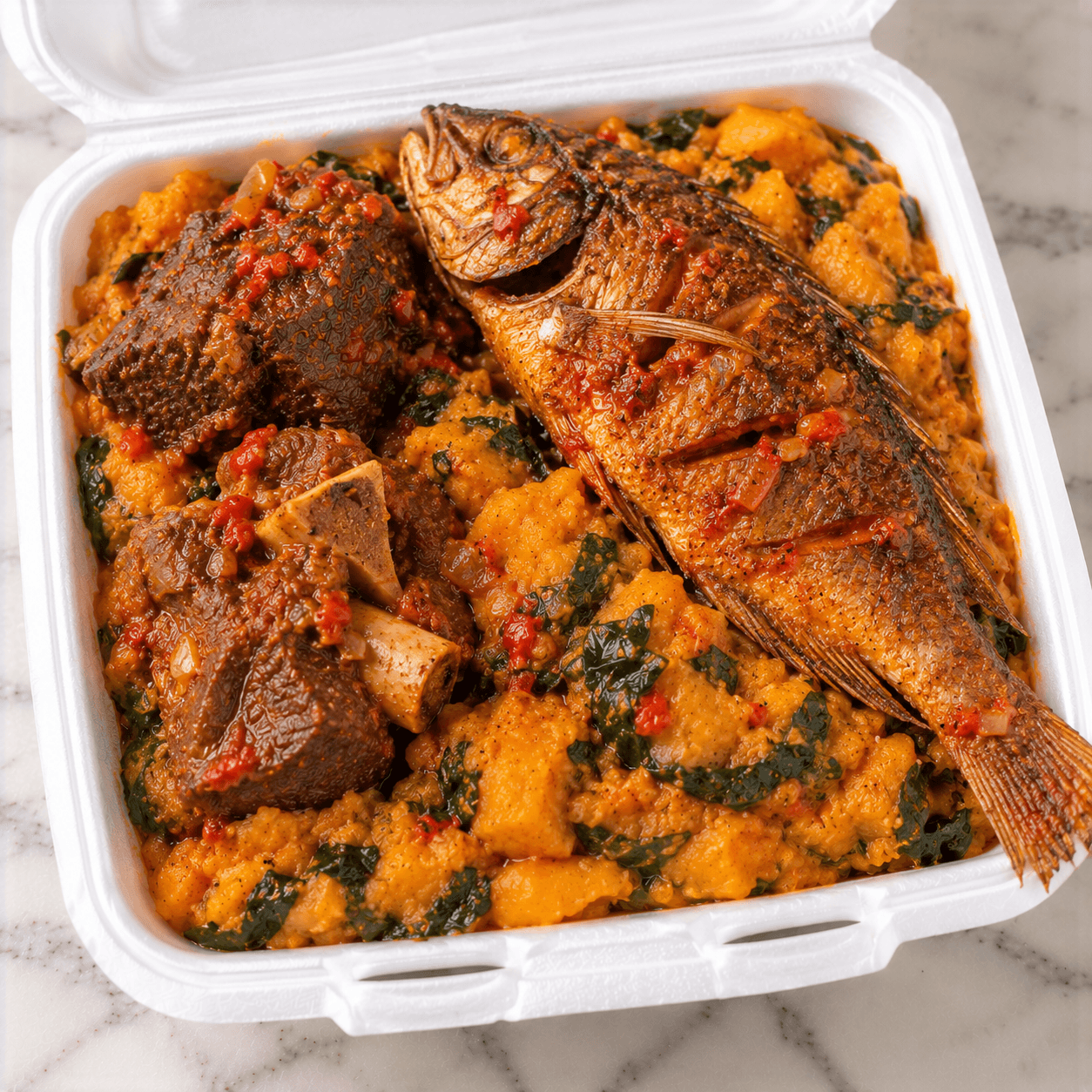 Yam Porridge with Spinach, 2 meat + 1 whitening fish illustration